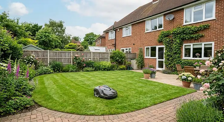A robotic lawnmower neatly cutting grass in the garden of a British semi-detached house. are robot lawn mowers worth it