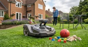 Vision-based robot lawn mower steering around garden furniture and children's toys on a UK lawn.