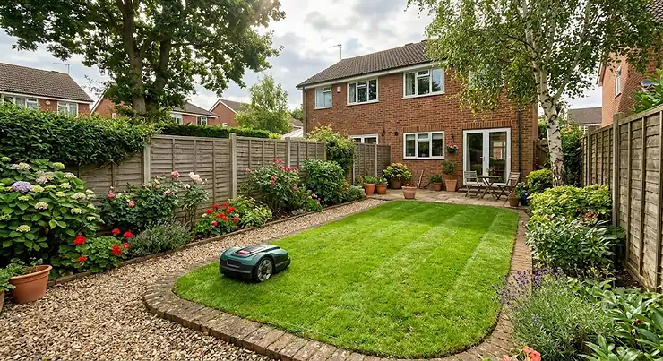 A budget robot lawn mower navigating a small British suburban back garden under five hundred pounds.