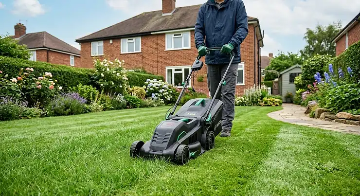 A modern electric lawn mower being used to trim a neat green lawn in a typical British suburban garden.