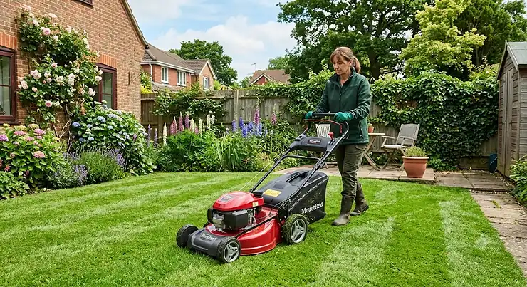 A reliable petrol lawn mower cutting vibrant green grass in a typical British back garden.