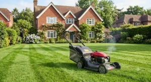 An efficient petrol lawn mower with a large grass collector parked on a freshly mown lawn behind a traditional British home