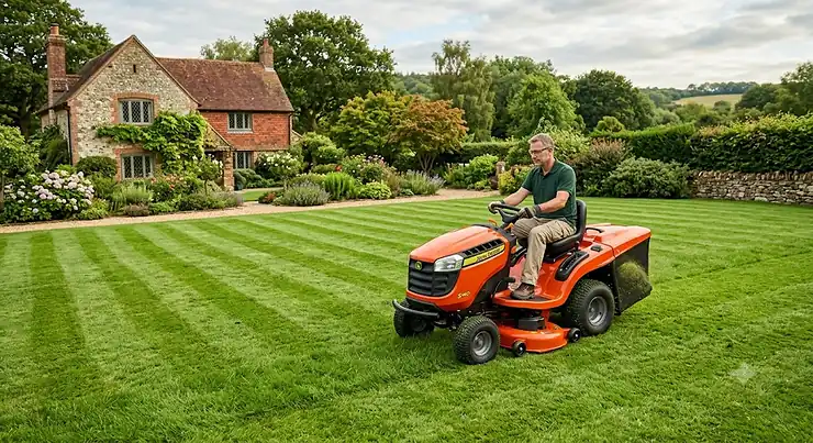 A modern ride-on lawn mower cutting pristine grass across a spacious 1-acre British garden. ride on lawn mower for 1 acre