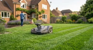 Robot lawn mower without perimeter wire creating neat stripes on a freshly mown English lawn.