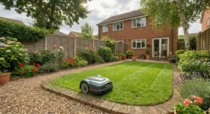 A value-for-money automatic lawnmower efficiently trimming the edges of a small English cottage garden.
