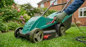 Adjusting the central cutting height lever on a Bosch electric lawn mower deck to change the grass finish.