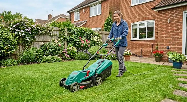 Bosch Rotak 32R electric rotary lawn mower being used to cut a small suburban back garden lawn in the UK.