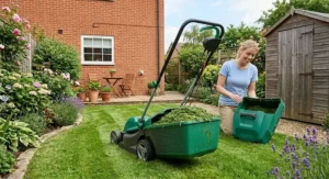 Budget electric rotary mower showing the rear grass collection box filled with clippings