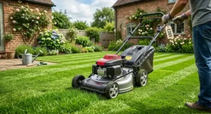 A budget-friendly rotary petrol lawn mower under 300 pounds cutting clean stripes on a British back garden lawn