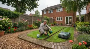 Setting up the boundary wire for a budget robot lawnmower under five hundred pounds on a standard UK lawn.
