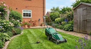 Affordable corded electric lawnmower with cable plugged into an outdoor UK mains socket