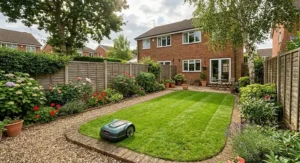 An affordable robotic lawnmower cutting lush green grass in a typical UK semi-detached house garden.