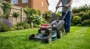 A self-propelled petrol lawn mower under 300 pounds being guided across an alpine green grass lawn