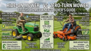 Buying guide graphic helping British homeowners choose between a ride-on mower vs zero-turn mower based on garden size and layout.