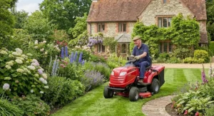A compact ride on lawn mower manoeuvring around flower beds in a residential British garden.