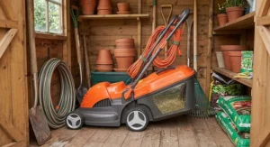 A Flymo electric lawn mower folded down for compact storage in a garden shed