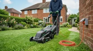 A corded electric lawn mower with a high-visibility extension cable plugged into an outdoor UK mains socket.