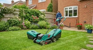 A cordless Bosch electric lawn mower with battery pack on a freshly mown English garden lawn with clean stripes.