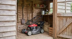 A petrol lawn mower for a large garden with folding handlebars stored neatly inside a wooden British garden shed