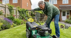 A homeowner using the recoil pull-start on an easy-start four-stroke petrol lawn mower under 300 pounds