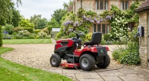 An eco-friendly battery powered ride on lawn mower charging on a paved driveway in the UK.