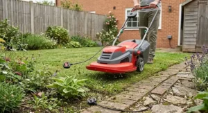Cheap electric hover mower gliding across an uneven lawn edge in a UK garden