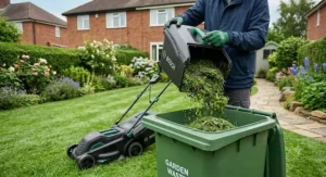 A gardener emptying grass clippings from the collection box of an electric lawn mower into a green wheelie bin.