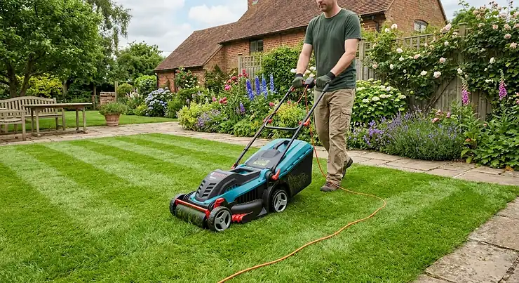 An electric lawn mower with a rear roller creating perfect stripes on a neat British garden lawn.