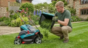 Emptying a large grass clippings collector from an electric lawn mower with a roller.