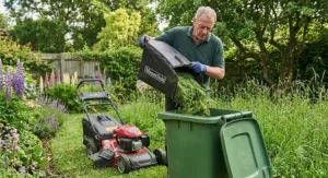 A gardener emptying fresh grass clippings from the collection bag of a petrol lawn mower into a garden bin.