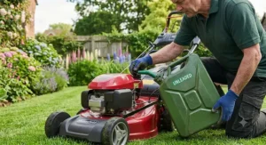 Topping up a four-stroke petrol lawn mower engine with unleaded fuel from a green jerry can.