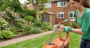 User guiding the mains cable safely while operating a Flymo electric lawn mower