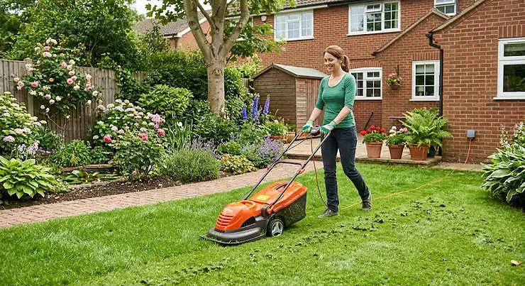 A Flymo electric lawn mower being used to cut grass in a typical British garden