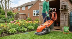 Preparing the lawn for spring with a Flymo electric lawn mower