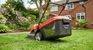 Detailed view of the grass collection box on a Flymo electric lawn mower