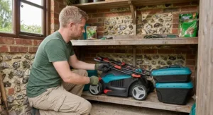 A compact, folded electric lawn mower with a roller stored neatly inside a garden shed.