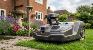 Close-up of a high-tech robot lawn mower using GPS RTK technology instead of a boundary wire.