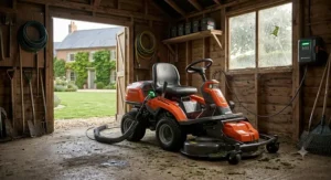 Battery powered Husqvarna ride on mower charging inside a wooden garden shed