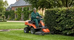 Husqvarna ride on mower with a front-mounted cutting deck trimming grass under garden hedges