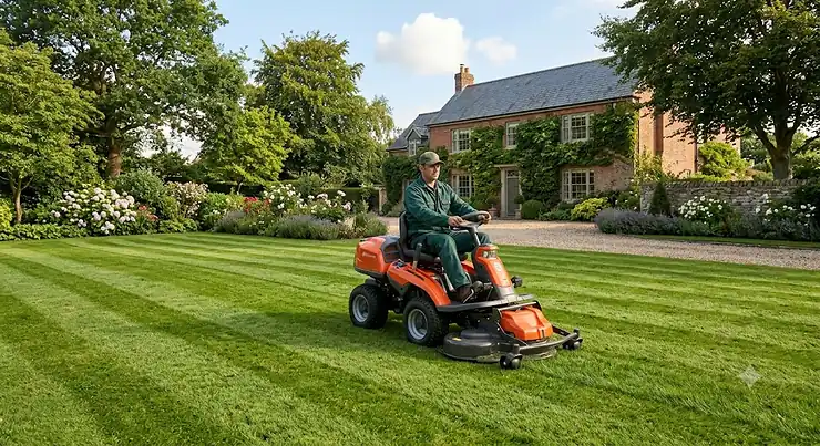 Husqvarna ride on mower cutting lush green grass on a large British suburban lawn