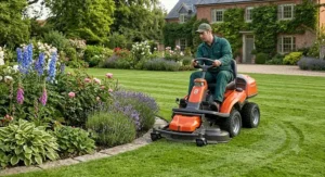 Husqvarna ride on mower with articulated steering manoeuvring around garden flower beds