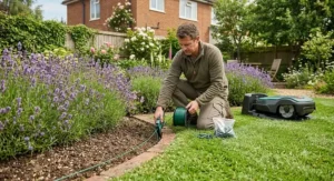 A person installing a green perimeter boundary wire along the edge of a garden for a robot lawn mower.