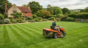 Lawn tractor equipped with a rear grass collector operating on a large 1-acre garden lawn.