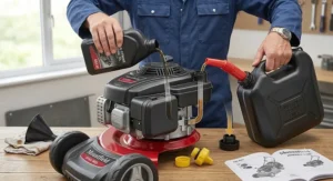 Illustration showing how to add four-stroke engine oil and unleaded petrol to a Mountfield petrol lawn mower.