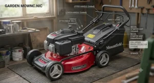 Illustration showing a Mountfield petrol lawn mower with folded-down handles for compact storage in a garden shed.