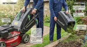 Diagram demonstrating how to detach and empty the grass collector bag of a Mountfield petrol lawn mower.