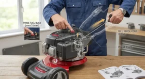Line drawing showing how to prime the fuel bulb and pull the recoil cord to start a Mountfield petrol lawn mower.