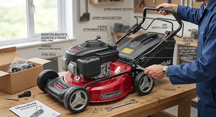 Technical illustration showing the assembly of a new Mountfield petrol lawn mower, attaching the lower and upper handles.