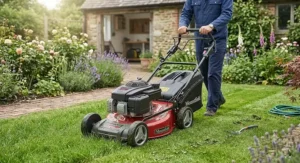 Illustration of a gardener pushing a Mountfield petrol lawn mower across a lush green British garden lawn.