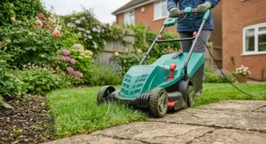 A Bosch electric lawn mower cutting right up to the edge of a garden border path using its grass combs.